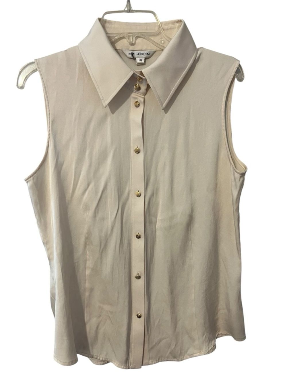 ST. JOHN Sleeveless Silk Blend Blouse Ivory Cream Gold Buttons Sz 14 Luxury Top